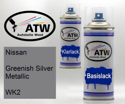 Nissan, Greenish Silver Metallic, WK2: 400ml Sprühdose + 400ml Klarlack - Set, von ATW Autoteile West.